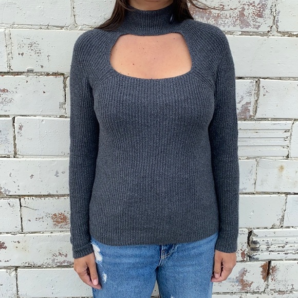 1. State Keyhole Gray Ribbed Sweater - Picture 5 of 6